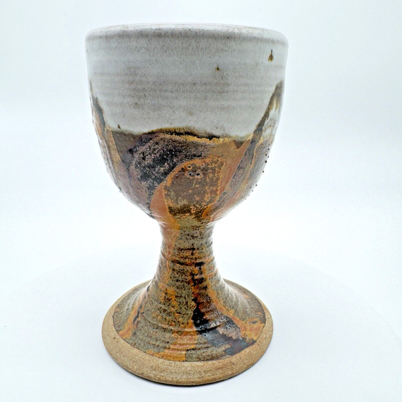 Studio Art Pottery Goblet Chalice Cup Textured Brown Gray Stoneware Signed #4 - Picture 4 of 11